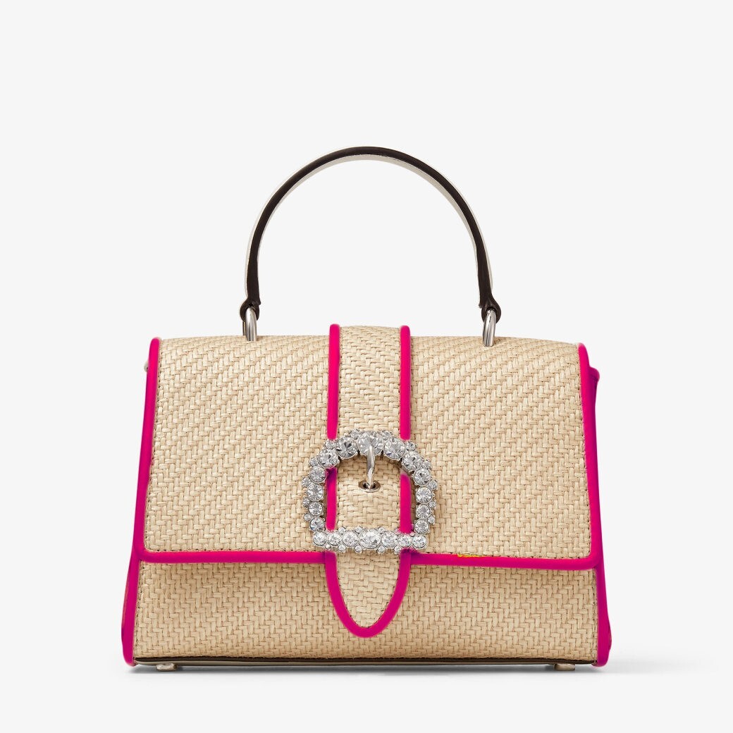 Jimmy Choo Cheri Crystal Medium Top Handle Bag Raffia Pink