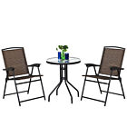 3 Pcs Furniture Set Patio Garden Courtyard Table Folding Chairs Glass Table Top