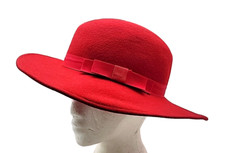 Womens 100 Wool Church Hat Red Bow Wide Rim Kentucky Derby Party Made in USA