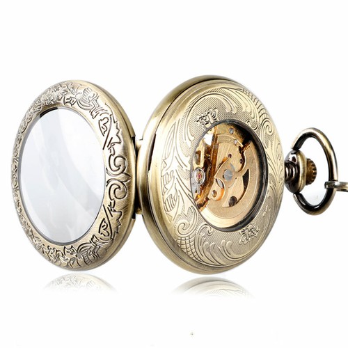 Mens Vintage Mechanical Pocket Watch Chain Retro Glass Case Luxury Fob Watches - Picture 3 of 11