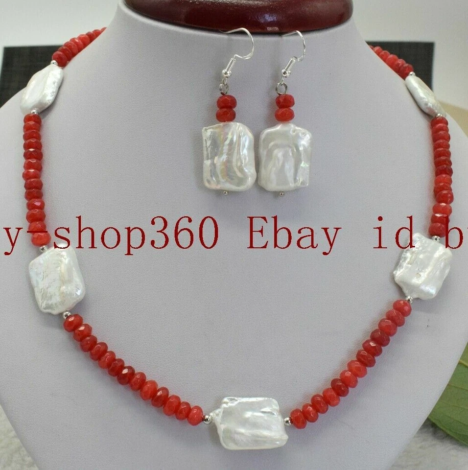 Genuine 15X20mm White Baroque Pearl 2x4mm Faceted Red Jade Necklace Earrings Set - Image 2 of 4