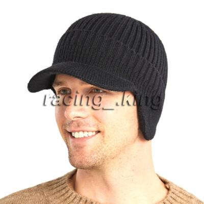 Men's Wool Blend Visor Brim Beanie With Bill Knit Baseball