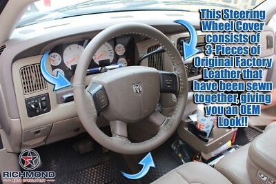 For 04-05 Dodge Ram -Leather Steering Wheel Cover w/Needle & Thread, Dark Khaki