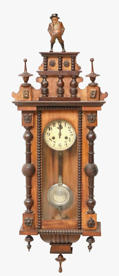 Antique Clock, Wall, German Regulator In Glazed Wood Case, Figural Crest,  1800s