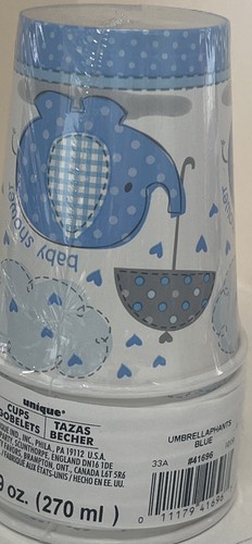UMBRELLA ELEPHANT BOY BABY SHOWER 9oz PAPER CUPS (8) ~ Party Supplies Blue Drink - Picture 2 of 2