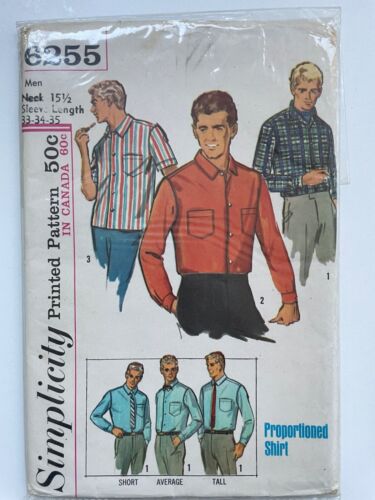 Simplicity 6255 Herren Hemd Vintage Schnittmuster 60er Jahre Gr. 15,5 flexible Größe