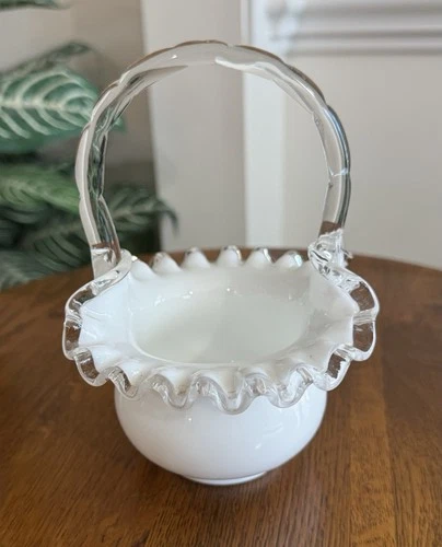 Fenton Silver Crest Milk Glass Ruffled Edge Basket W/Clear Glass Handle