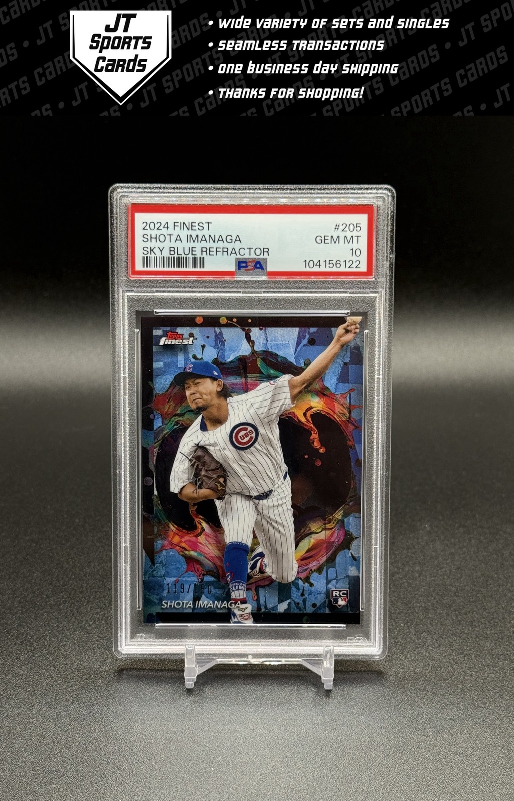 2024 Topps Finest Shota Imanaga 205 RC Rare Sky Blue Refractor /150 PSA 10 Cubs