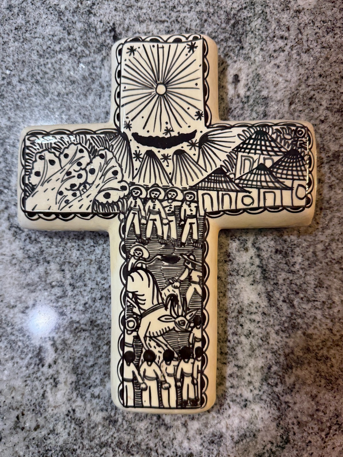 Cross / Crucifix 8.5 Inch Mexican Art Clay Black and White Wall Decor Ornament