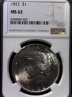 1922- P Peace Silver Dollar MS62 NGC