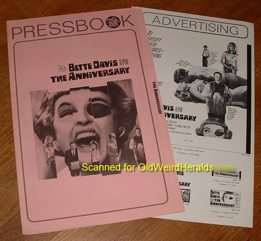 THE ANNIVERSARY MOVIE PRESSBOOK LOT 1968 BETTE DAVIS Wears EYE PATCH 2pc, UN-Cut