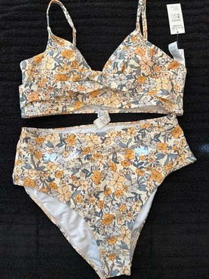 CUPSHE XL B Floral Beige/Orange/Blue/White 2-Piece Bikini Bralette High-Waist