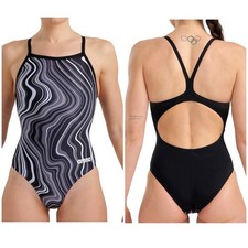 NEW Arena Women's Black Marbled Light Drop Back Swimsuit Size 30