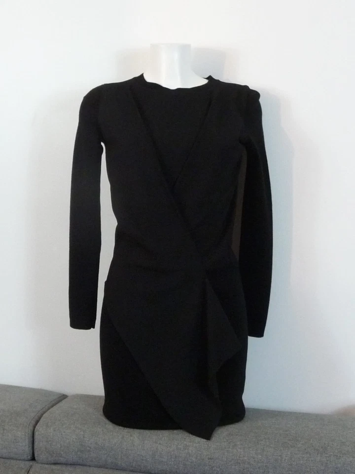 🌼 Robe Noir Droite Bi Matière avec Drapé à Manches Longues- Taille 34- IKKS - Photo 1/4