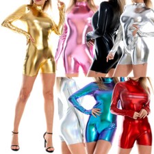 Womens Long Sleeve Shiny Metallic Turtleneck Dance Leotard Jumpsuit Club Spandex