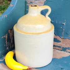 Vintage White Stoneware Crock Pottery Primitive Handled Cork Jug Farm Decor 