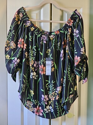 NWT Bcbgmaxazria Off The Shoulder Top Size L Midnight Botanical MSRP $158