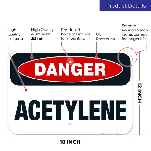 Danger Acetylene Sign, OSHA Danger Sign, - Picture 4 of 86