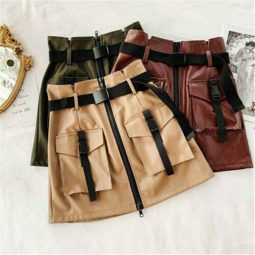 Lady PU Leather Skirts Mini Short Zipper Pocket Cargo Casual Belt Combat Fashion