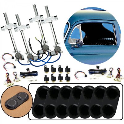4 Door Flat Glass Power Window Kit w/ 7 Black Billet Aluminum Daytona Switches