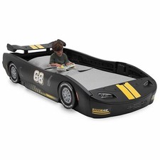 Boys Black Race Car Bed Frame Twin Size Platform Plastic Kids Bedroom Furniture