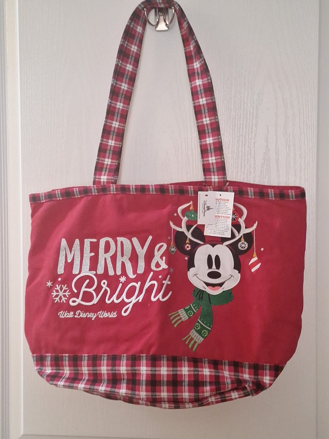 Disney World Merry & Bright Mickey Mouse Red Plaid Canvas Christmas Tote Bag NWT