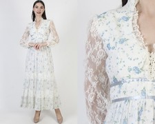 Vtg White Calico Corset Dress 70s Prairie Cottagecore Peasant Boho Wedding Gown
