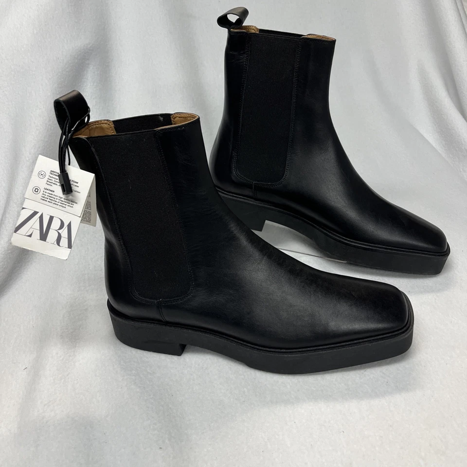 NUEVO CON ETIQUETAS ZARA Botas Chelsea Botin, Cuero Negro Para Mujer Talla 10, EU 41, Puntera Cuadrada Foto 2 de 4