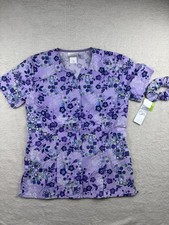White Swan Women  s Snap Front Scrub Top Size Small Purple And Blue Floral Print