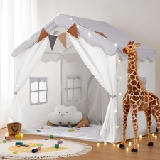 Kids Play Tent 2 in 1 with Padded Mat and Lights, Large Kids Playhouse w 2 Doors