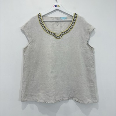 Blue Illusion Linen Top Women 3L (AU 20) Sandy Beige Beaded Neckline Casual