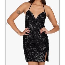 NWT Forever 21 Black Sequin Halter Mini Dress Side Slit Party Cocktail XS