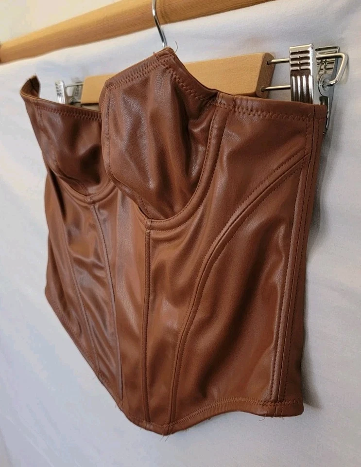 Womens Brown Faux Leather Corset Sz M 28in Overbust Bustier Kitty Fairy Festival - Image 2 of 4