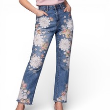 Upcycled Floral Patch Denim Jeans Distressed High Rise Loose Fit Pants | 14 wms