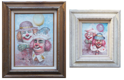Zwei Clowns mit Ballon 2 Original Vintage Ölgemälde von William Moninet