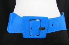 Women Bright Blue Color Elastic High Waist Trendy Belt Square Buckle Size L XL
