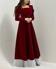 Maroon Velvet Wedding Evening Parties Long Dress Fit Flare Gown withLong Sleeve