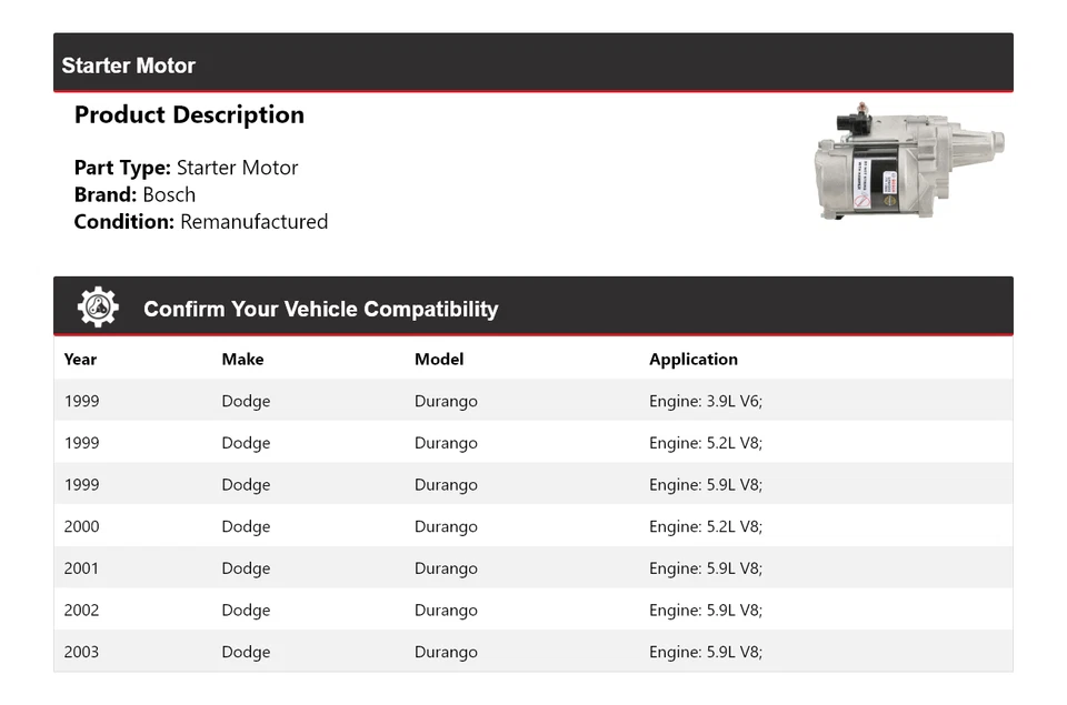 Arranque para Dodge Durango Bosch 1999-2003 (remanufacturado) 2000 2001 2002 Foto 2 de 4