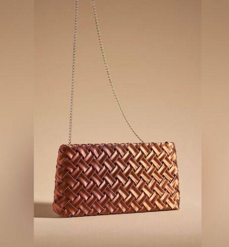 ANTHROPOLOGIE Satin Woven Zippered Clutch Purse Bag Chain Strap Cinnamon NEW NWT