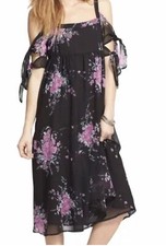 Free People Dress Womens S Black Floral Tied to You Midi Flowy Boho Goth Fairy