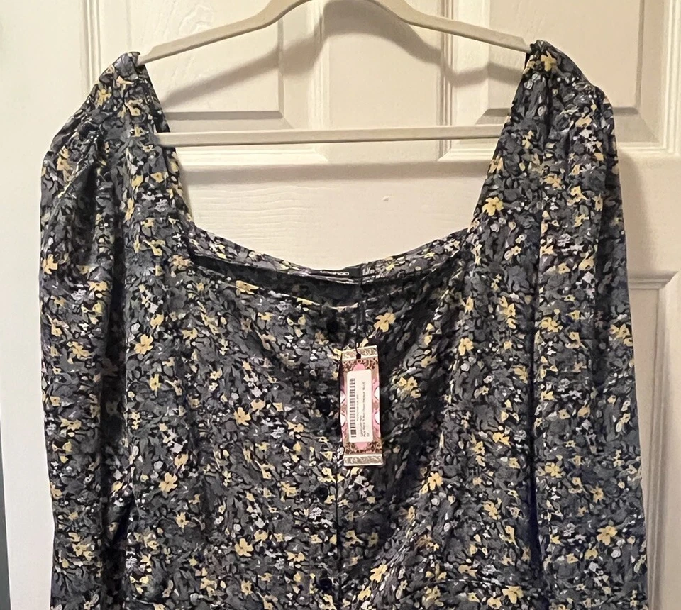 Boohoo Talla 18 Mono Mameluco Abotonado Escote Cuadrado L/S Azul Amarillo Floral Nuevo con Etiquetas Foto 2 de 4