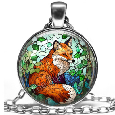 Woodland Fox Necklace Pendant & 24'' Chain Faux Stained Glass Fox Jewelry Gifts