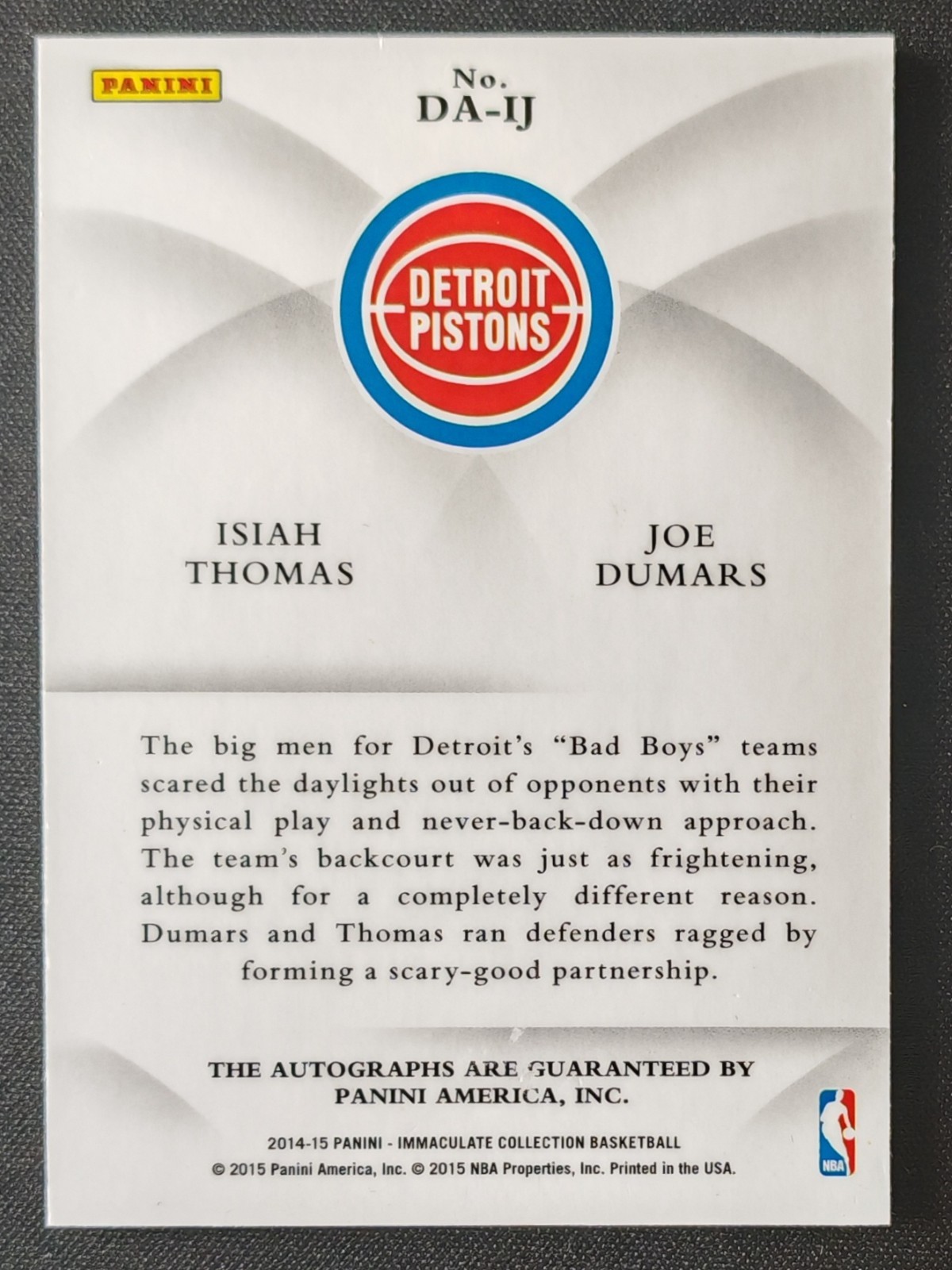 2014-15 Panini Immaculate Isiah Thomas / Joe Dumars Dual Auto Autograph 18/49!! view 2