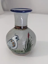 Tonala Handmade Mexican Folk Art Pottery Vase Bird Cattails 4” Tall, Signed 