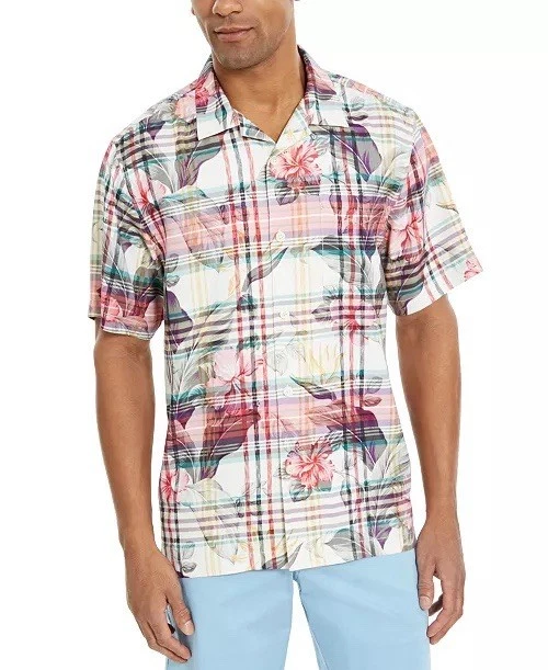 Tommy Bahama Men’s Huladays 100% Silk Floral Plaid Shirt – XL – Island Vibes