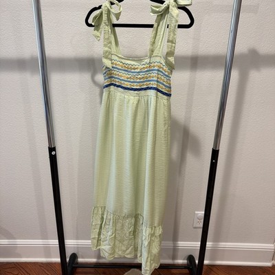 August Sky Spring Embroidered Tie Strap Empire Waist Mid Dress In Pastel Green M