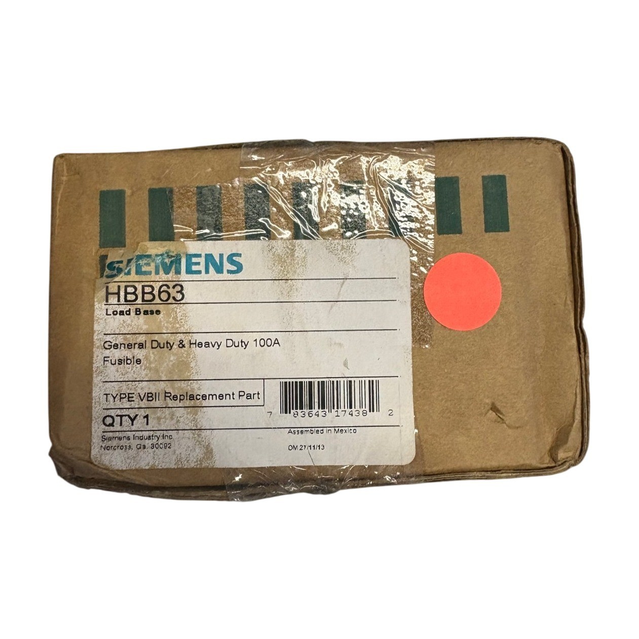 Siemens HBB63 100A Fusible Load Base Type VBII General & Heavy Duty
