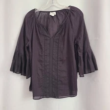 Velvet By Graham & Spencer Sz S Black Cotton Peasant  Pleated Flare Sleeves Top