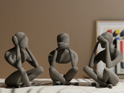 Set of 3 Gray Abstract Sitting Thinking Pose Figurine Sculptures Modern Decor