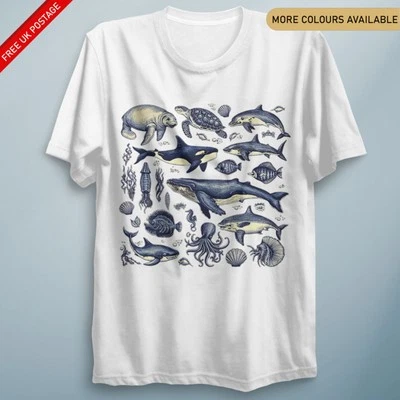 FLUX Marine Creatures Sea Life T-Shirt – Dolphin, Whale, Ocean Animal Lover Tee